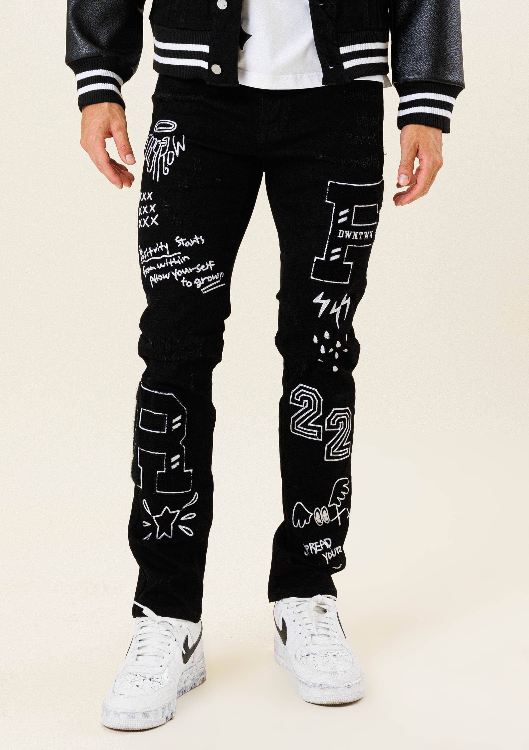 MULTI PATCH  SLIM FIT BLACK DENIM PANTS