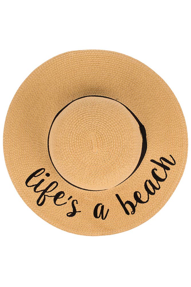 C.C Spring Summer Lettering Straw Brim Hat with Ribbon Band: Aloha Beaches