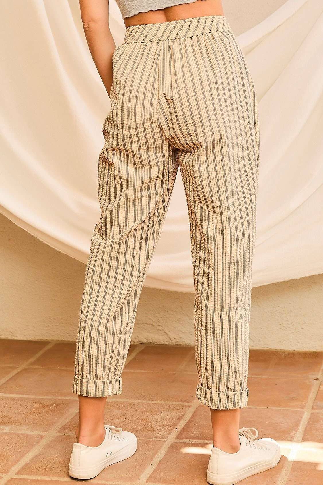 Band Waist Zipper Front Pockets Stripe Pants