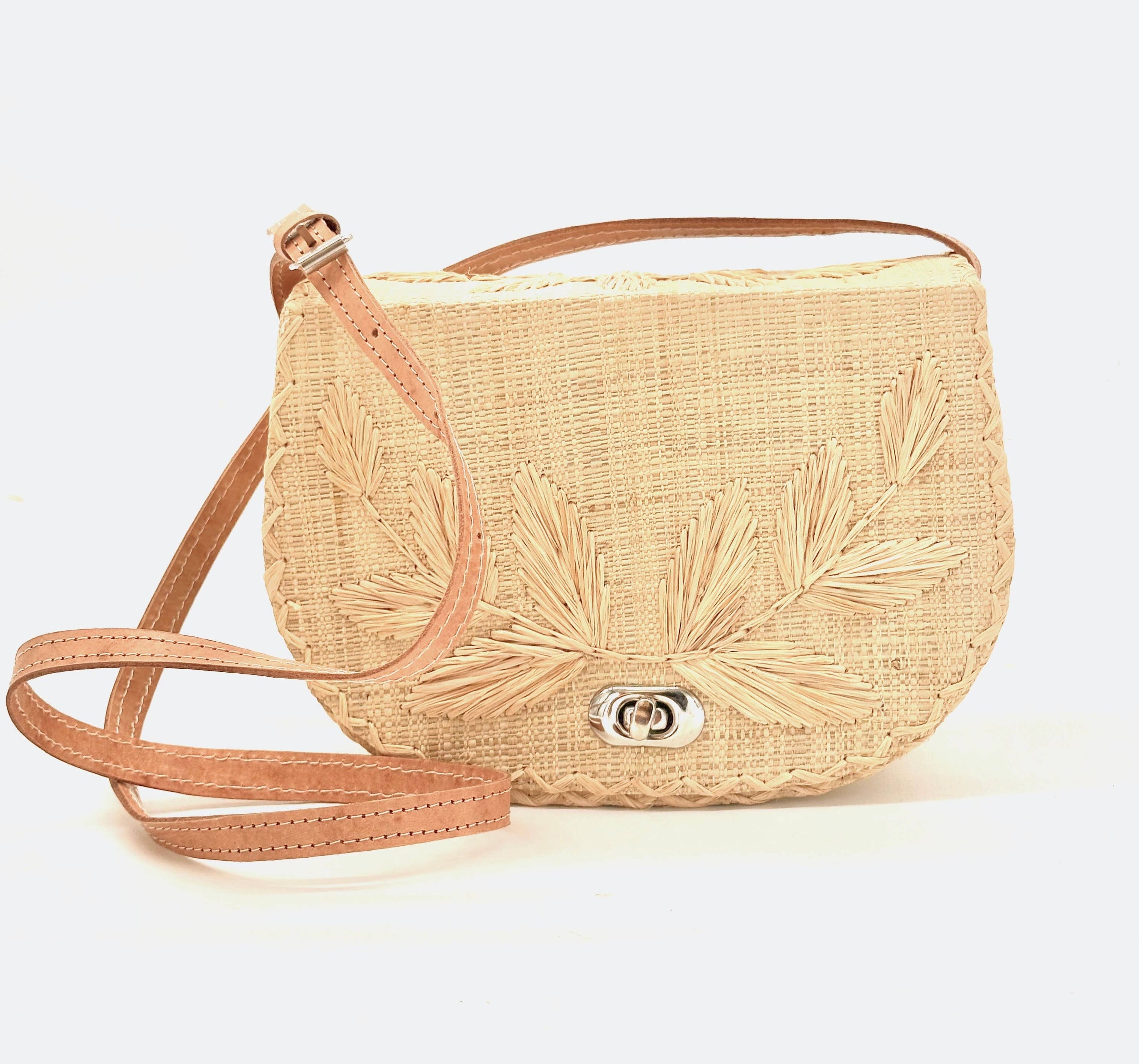 70's Embroidered Vines Straw Crossbody Bag