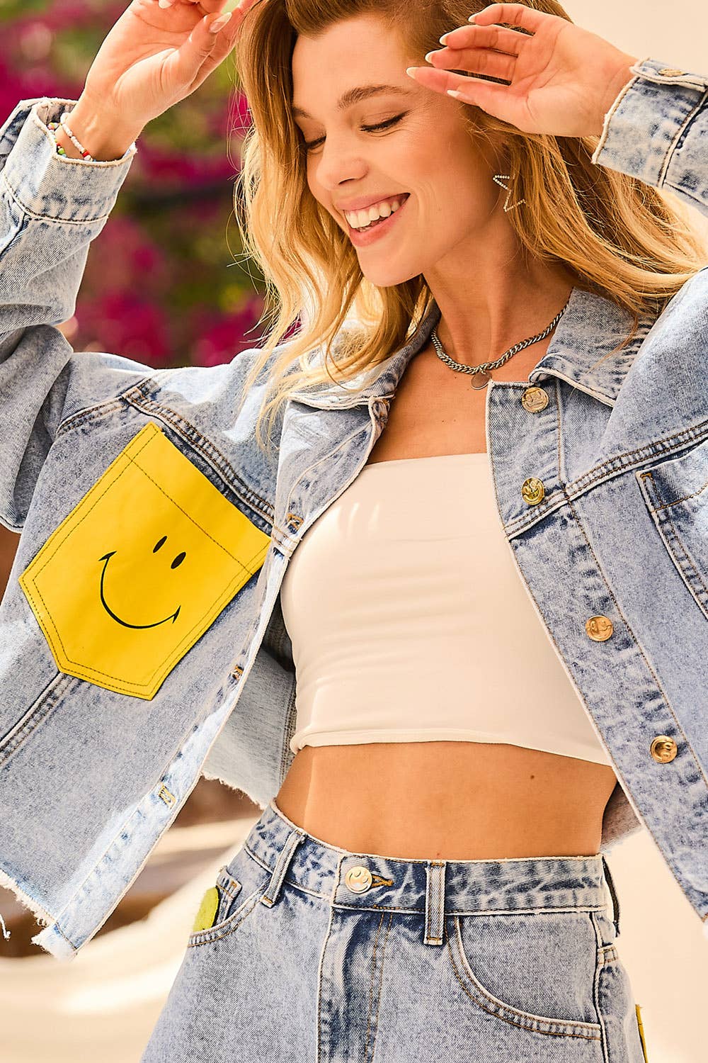 Happy Face Print Pocket Denim Crop Jacket