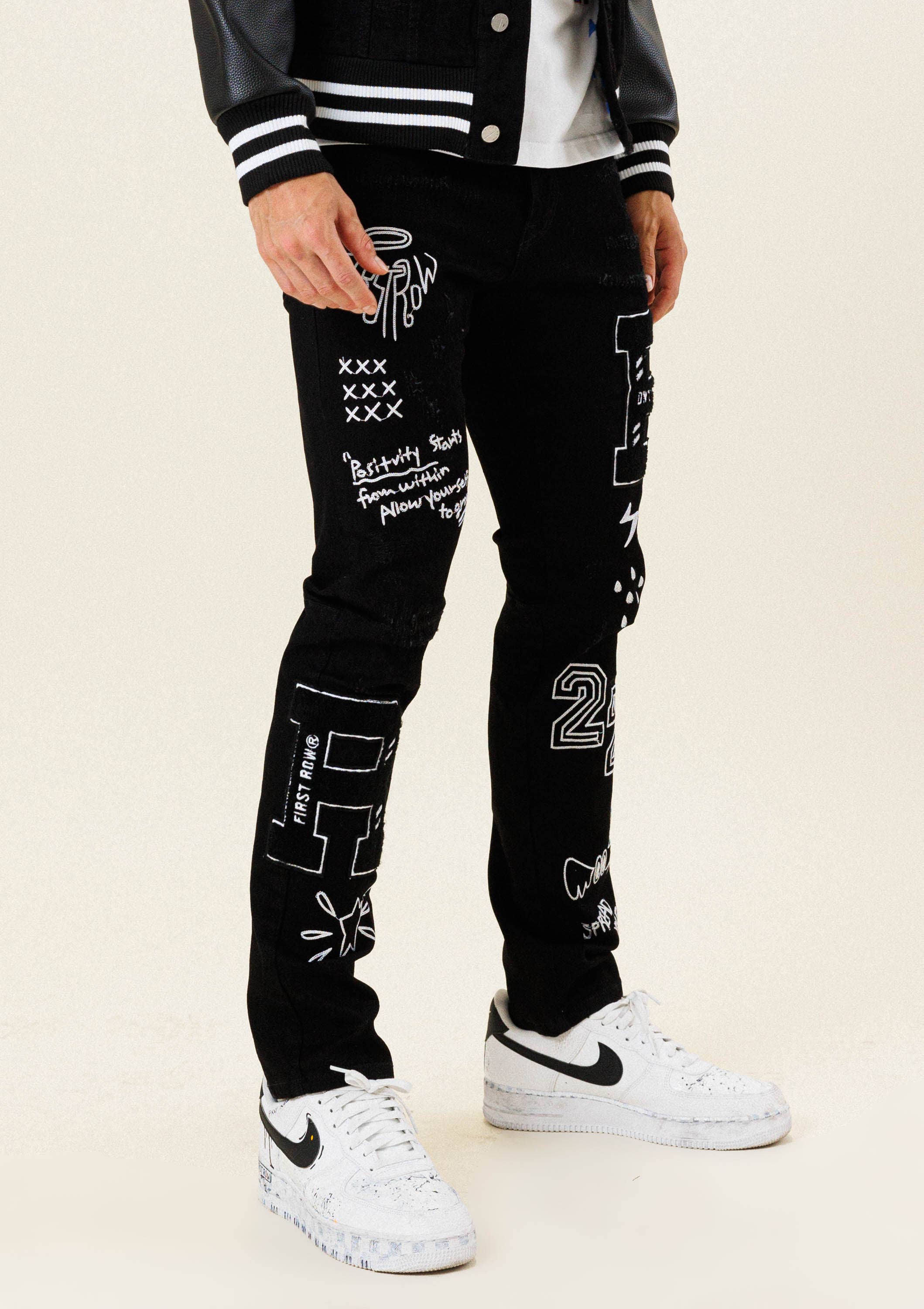 MULTI PATCH  SLIM FIT BLACK DENIM PANTS