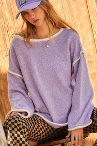 Contrast Pipping Oversize Solid Sweater