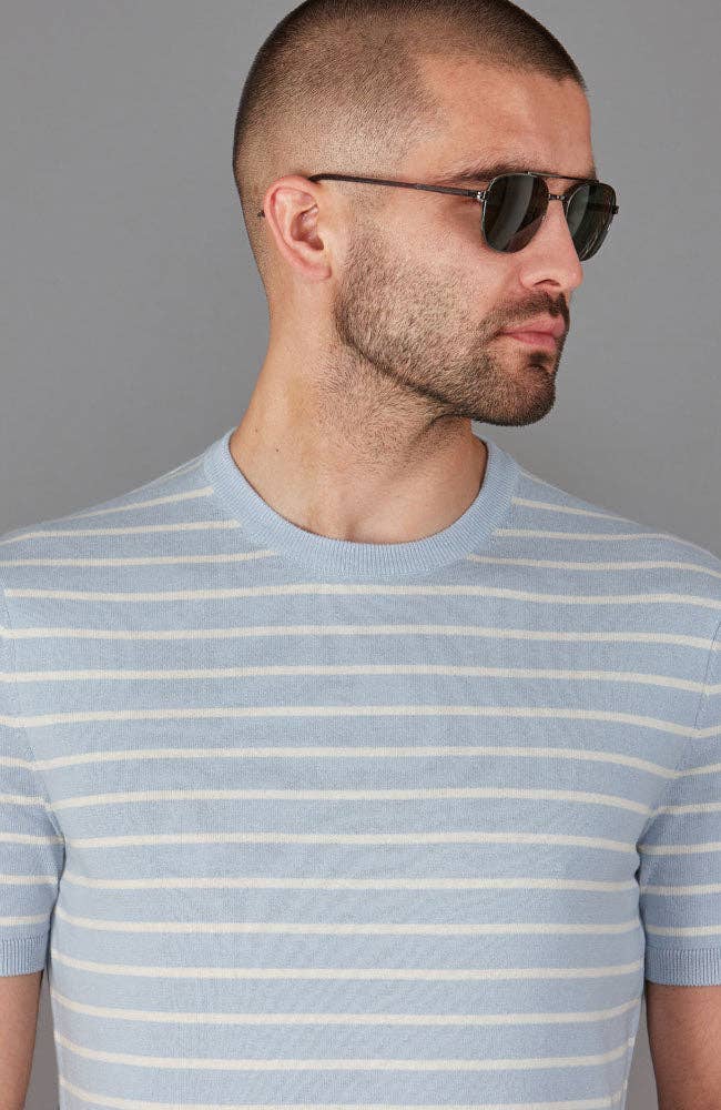 Mens 100% Ultra-Fine Cotton Knitted Pin Stripe T-Shirt