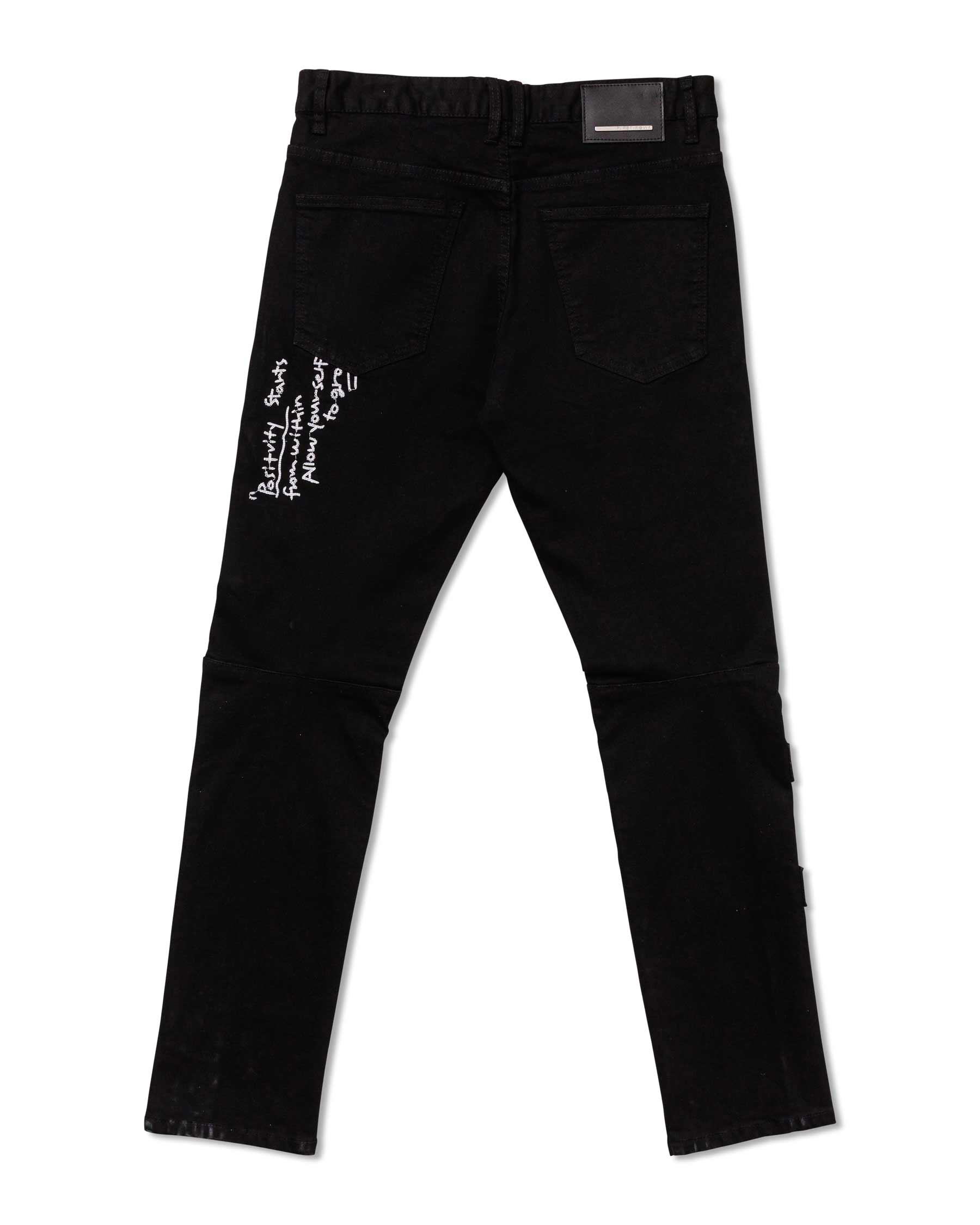 MULTI PATCH  SLIM FIT BLACK DENIM PANTS