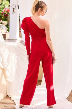 Image of One Shoulder Puff Sleeve  Solid Jumpsuit