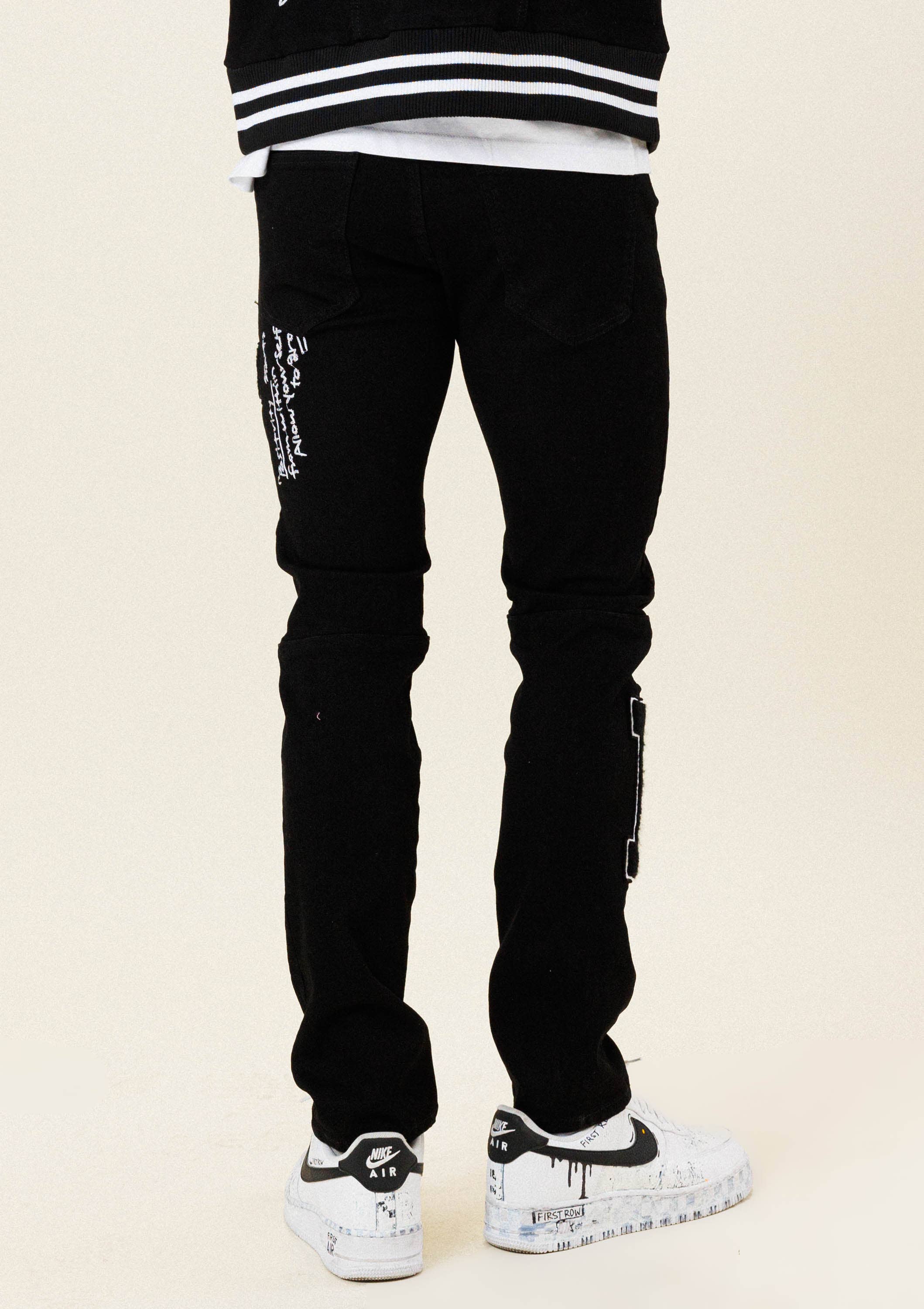 MULTI PATCH  SLIM FIT BLACK DENIM PANTS