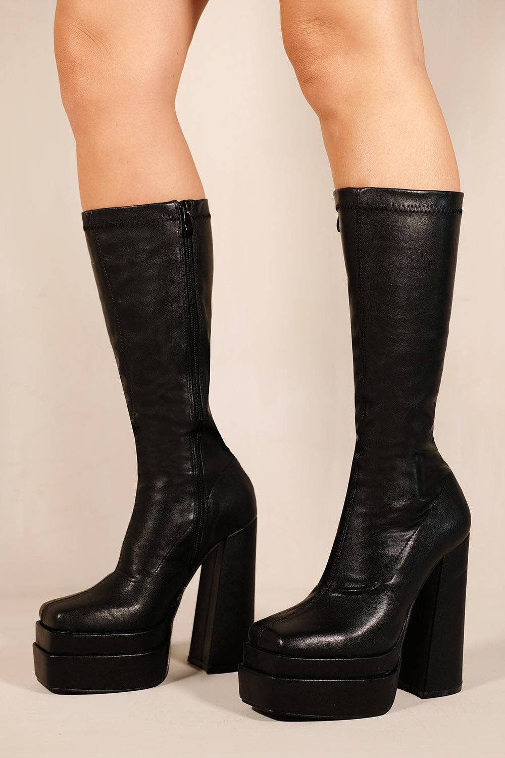 WAVERLY BLOCK HEEL CALF STRETCH BOOTS SQUARE TOE IN BLACK