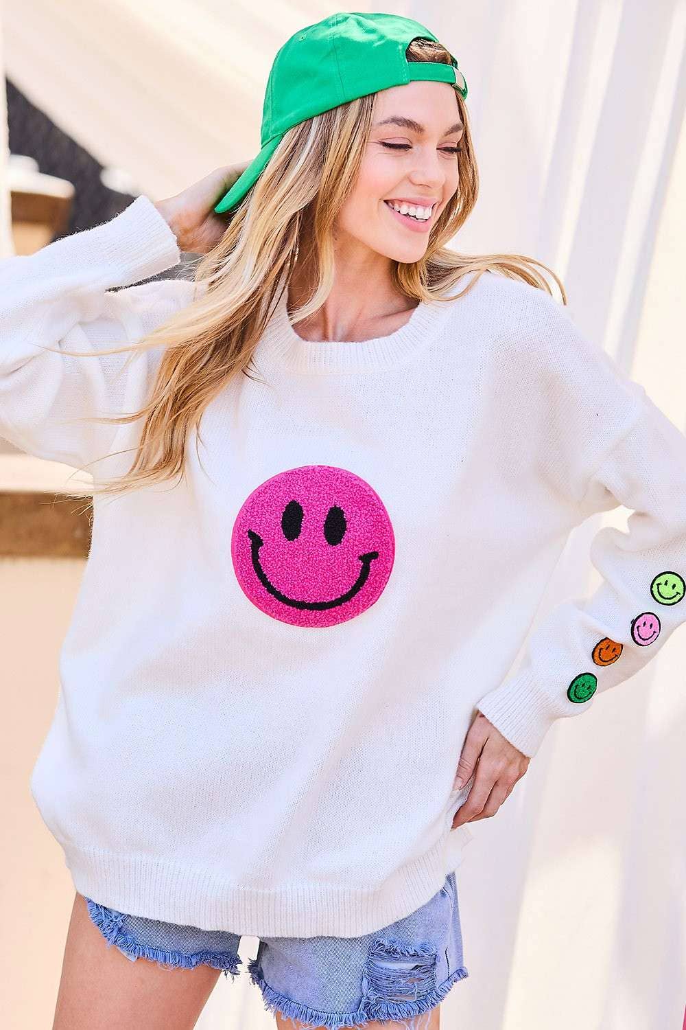 Round Neck Happy Face Patch Oversize Sweater