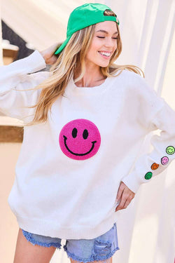 Image of Round Neck Happy Face Patch Oversize Sweater