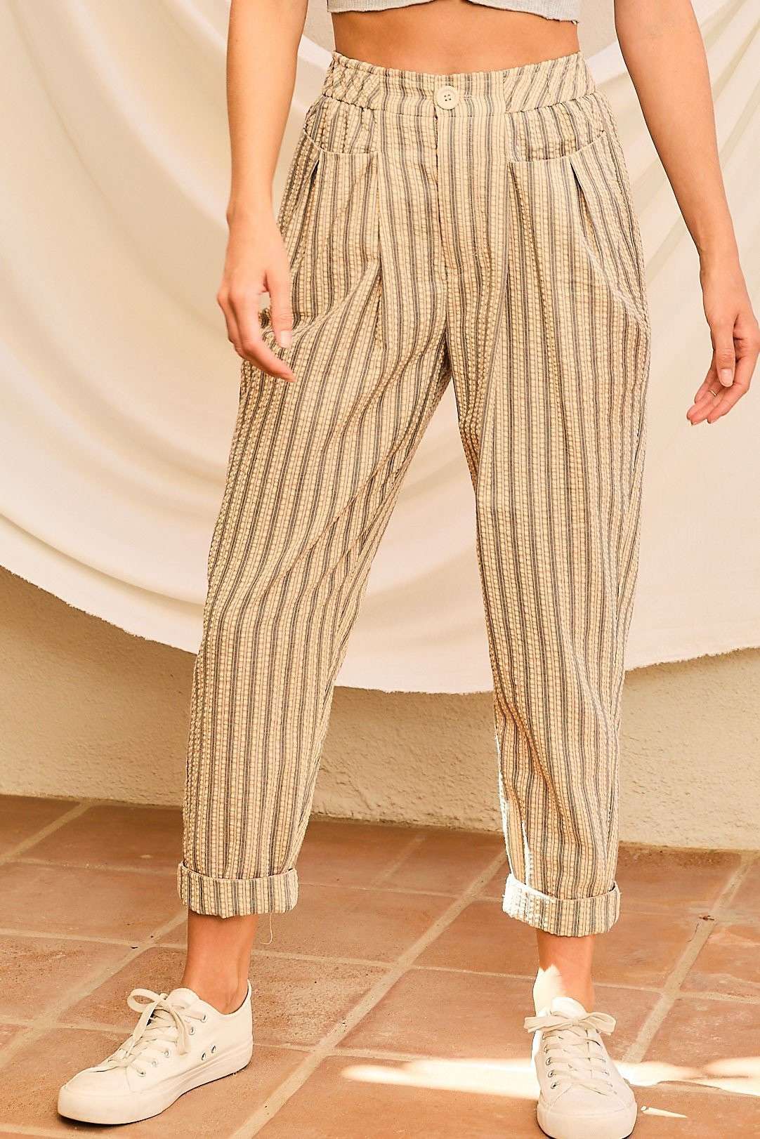 Band Waist Zipper Front Pockets Stripe Pants