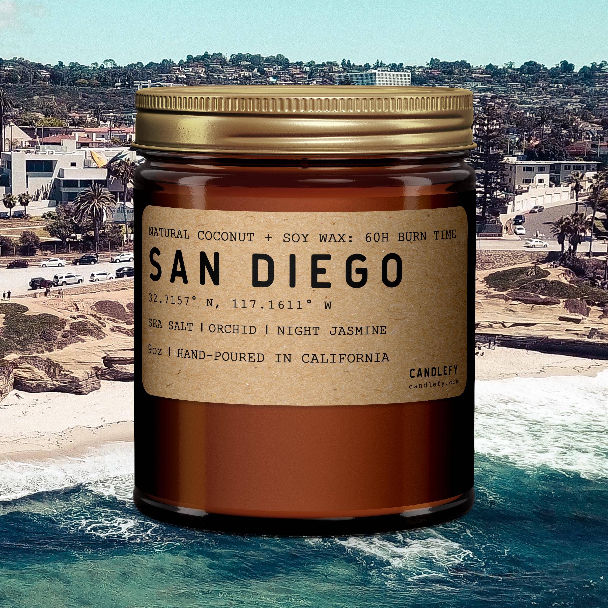 Candlefy - San Diego California Scented Candle, Amber Glass Natural Wax (7798999843043)