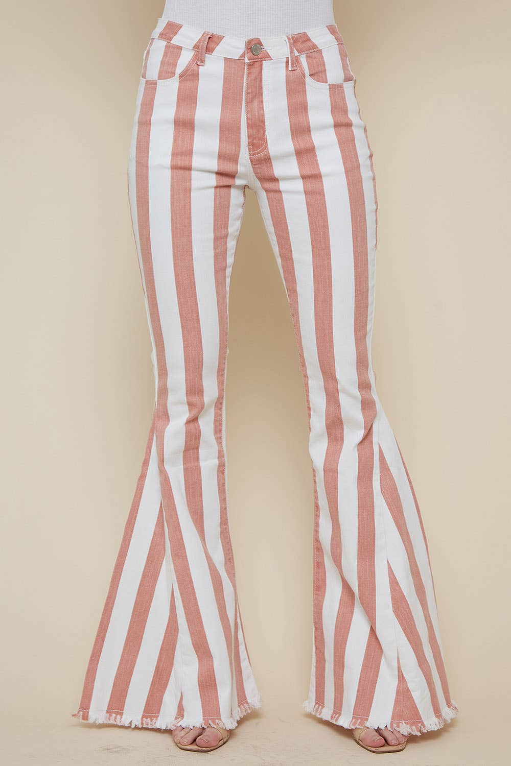 WISTERIA LANE - STRIPED FLARE BELLBOTTOM JEANS - CORAL (7816407056611)