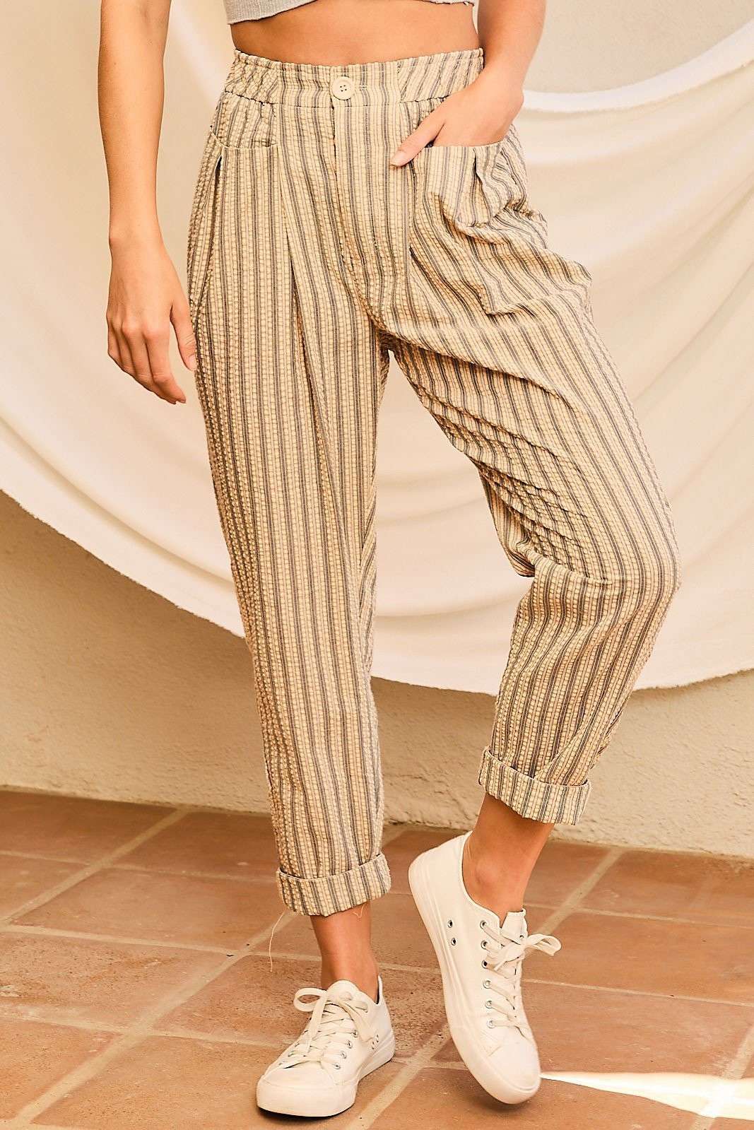 Main Strip - Band Waist Zipper Front Pockets Stripe Pants