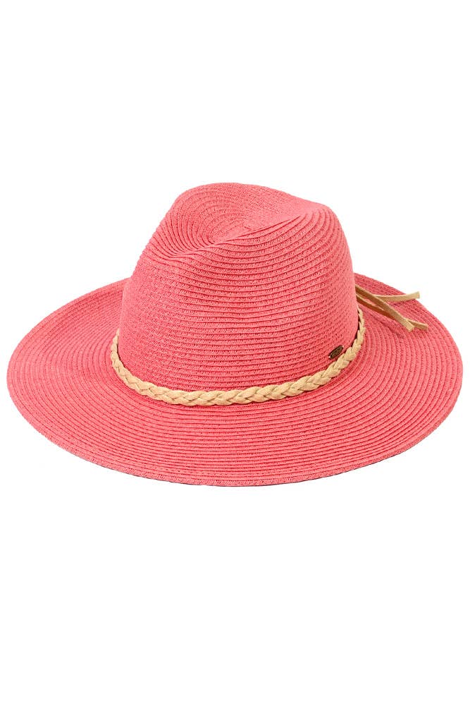 Pink Straw Panama Hat with Tied Ivory Ribbon