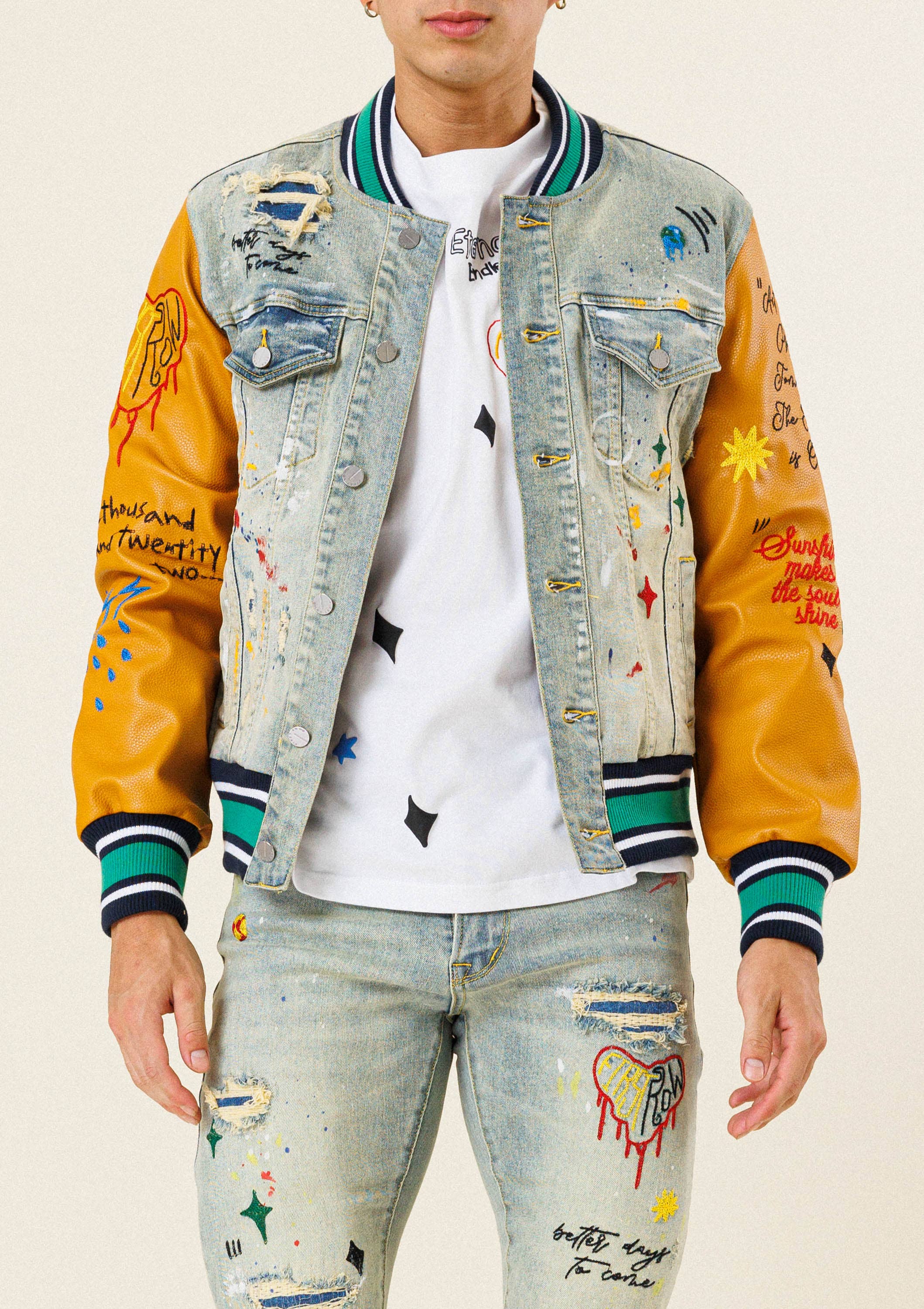First Row - ALL OVER EMBROIDERED VARSITY  DENIM JACKET