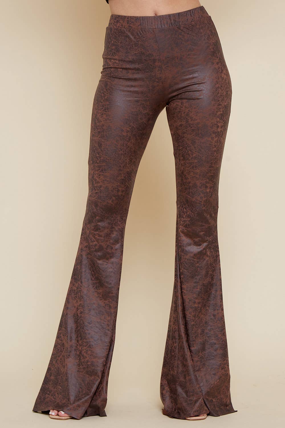 WISTERIA LANE - FAUX LEATHER LOOK KNIT FLARES - W2300PK BROWN (7816410169571)